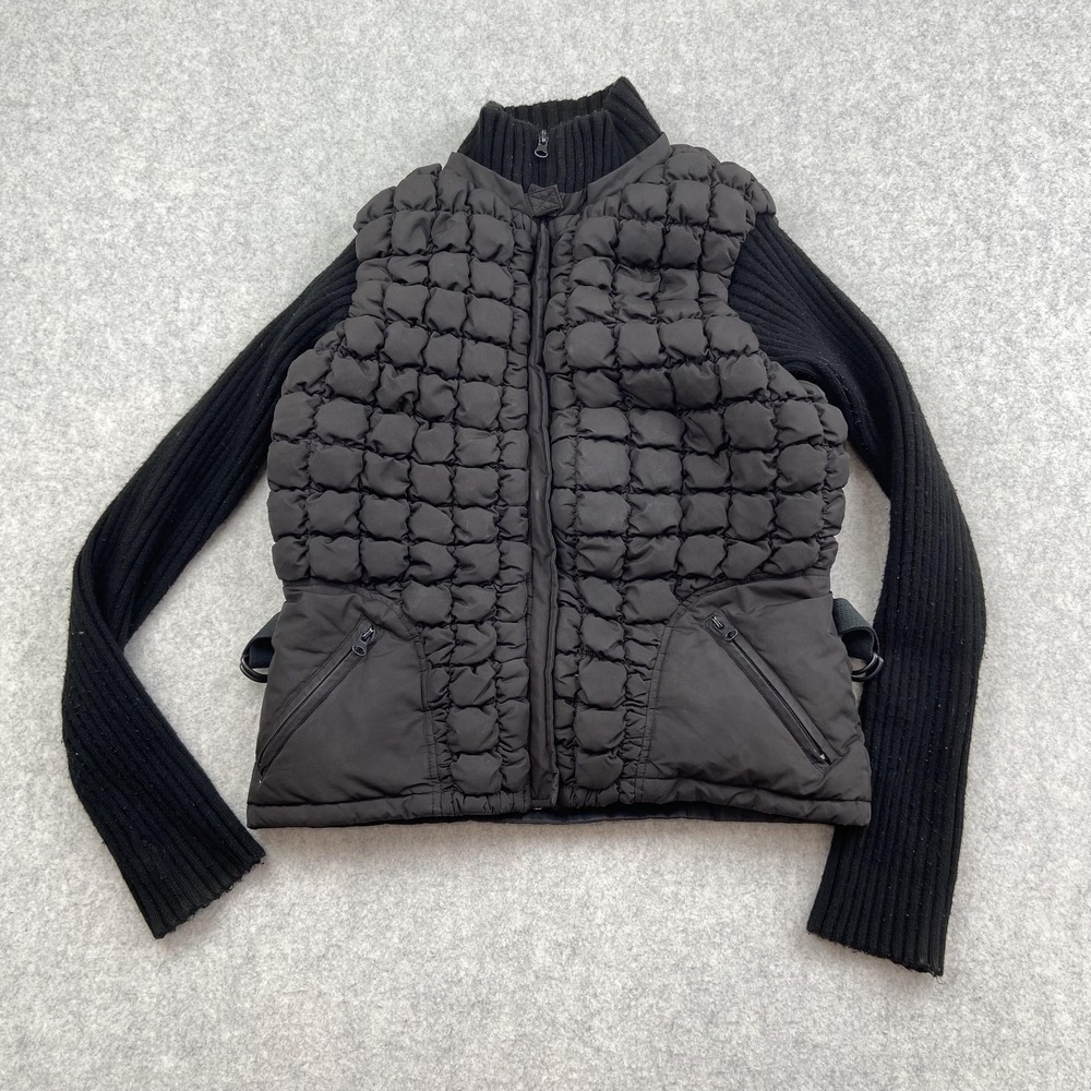 Bebe Womens Medium Black Quilted Down Puffer Jacket Knit Sleeves Warm